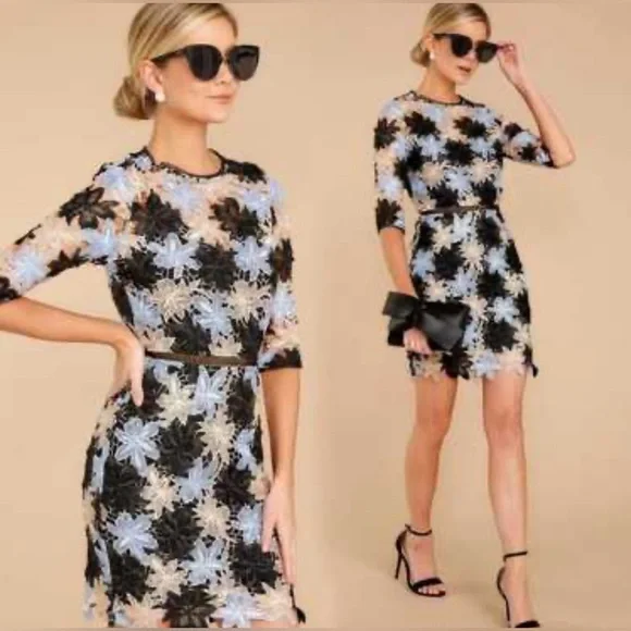 ANTHROPOLOGIE MINUET Women’s Blue and Black Floral Lace Mini Dress - Picture 4 of 15